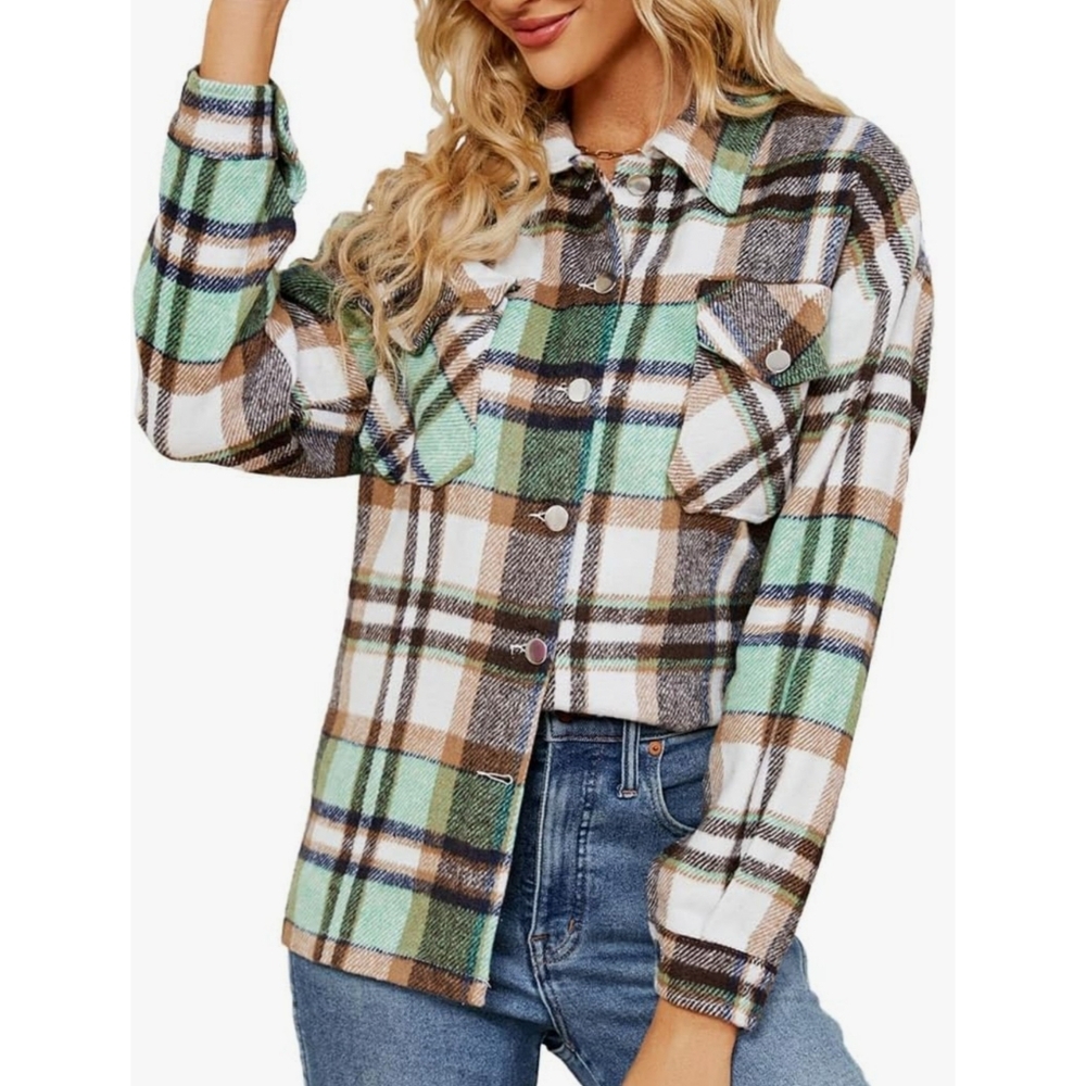 Plaid Shacket Green, Tan, Cream & Brown Size S